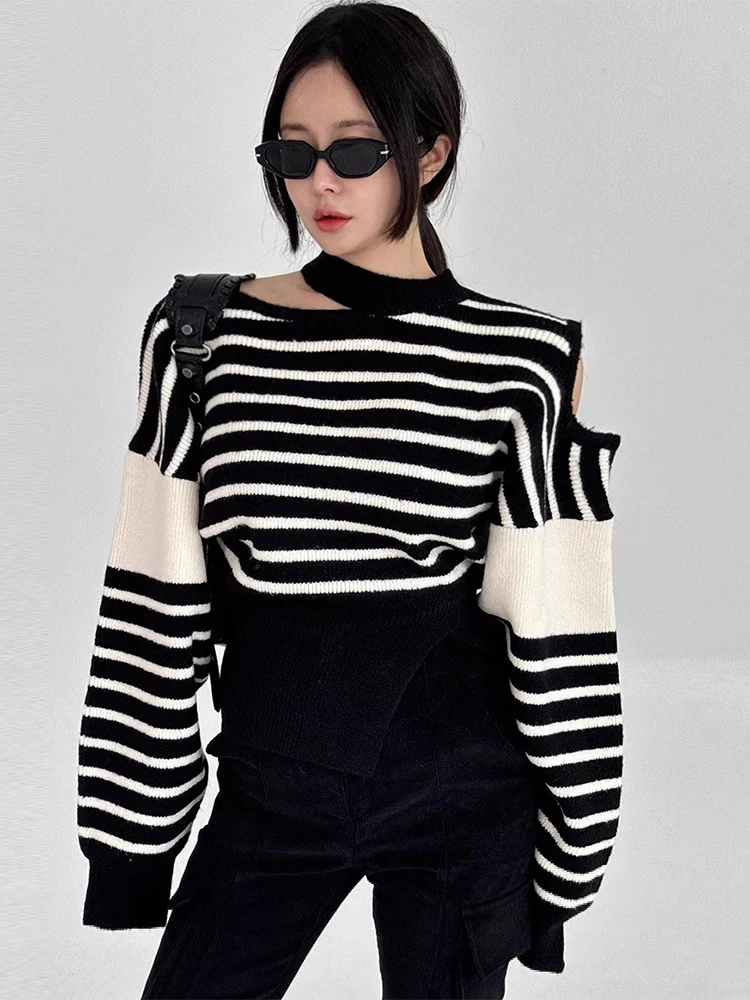 

Chic Autumn New Hollow out oulder Long Sve Women's Knitted Sweater Striped Ne Hanging Design Versatile Faionable Sle