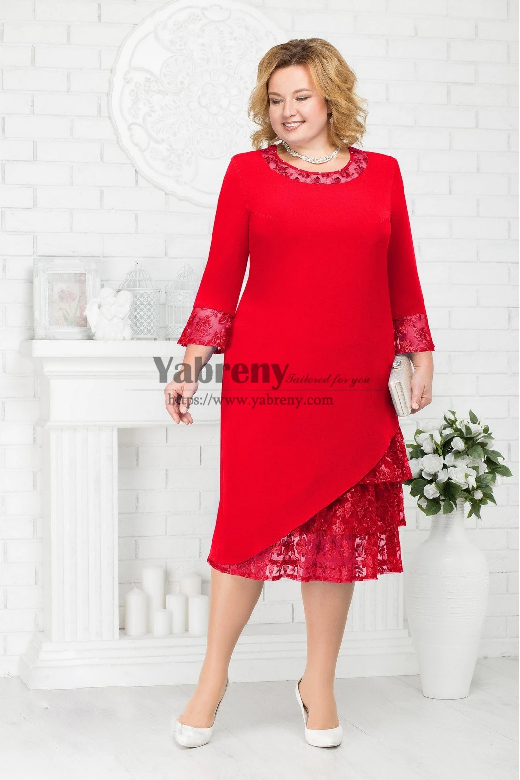 Vestidos modernos para madre de la novia, talla grande, rojo, largo hasta el té