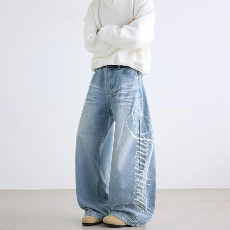 Autumn Men's Letter Printed Straight-Leg Baggy Jeans Hip Hop Fashion Washed Denim Pantalones American Retro Y2K Streetwear Jean