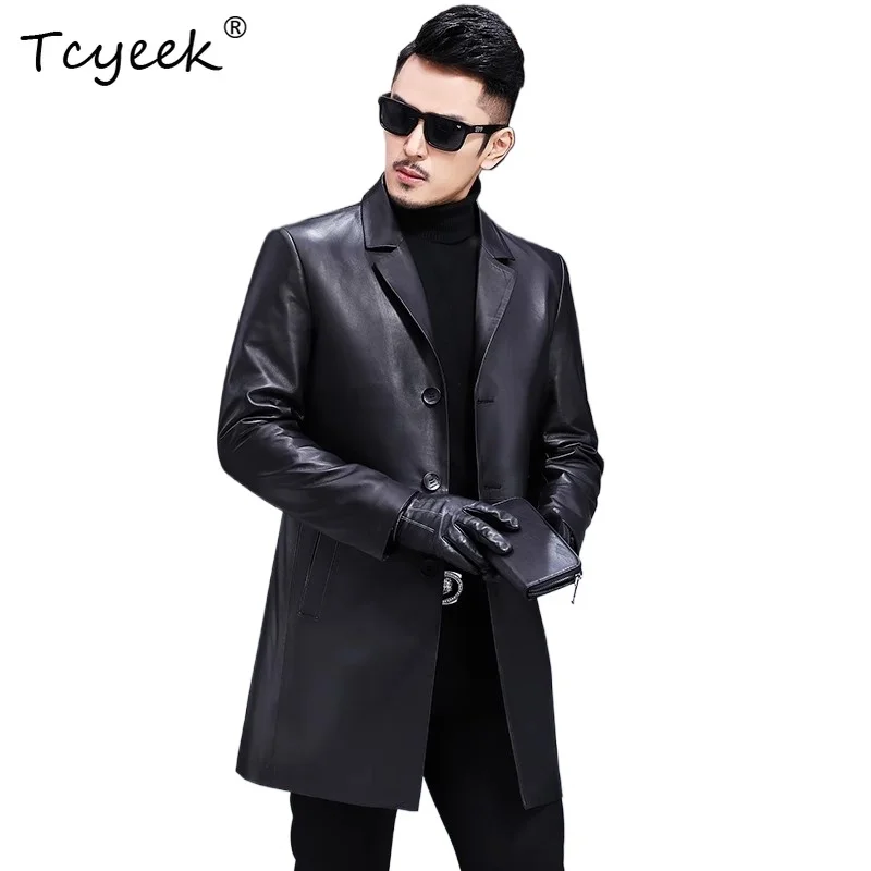 

Tcyeek из овчины со съемной подкладкой из гусиного пуха, осень-зима, модный костюм с воротником, черная мужская куртка из натуральной кожи 가죽 자켓