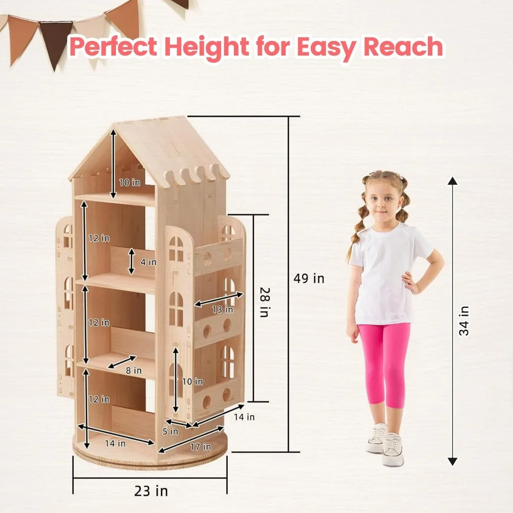 Rotating Bookshelf 360 Display 4 Tier Floor Standing Bookcase Storage Rack for Kids&Adults Bookshelf, Wood Book Shelf