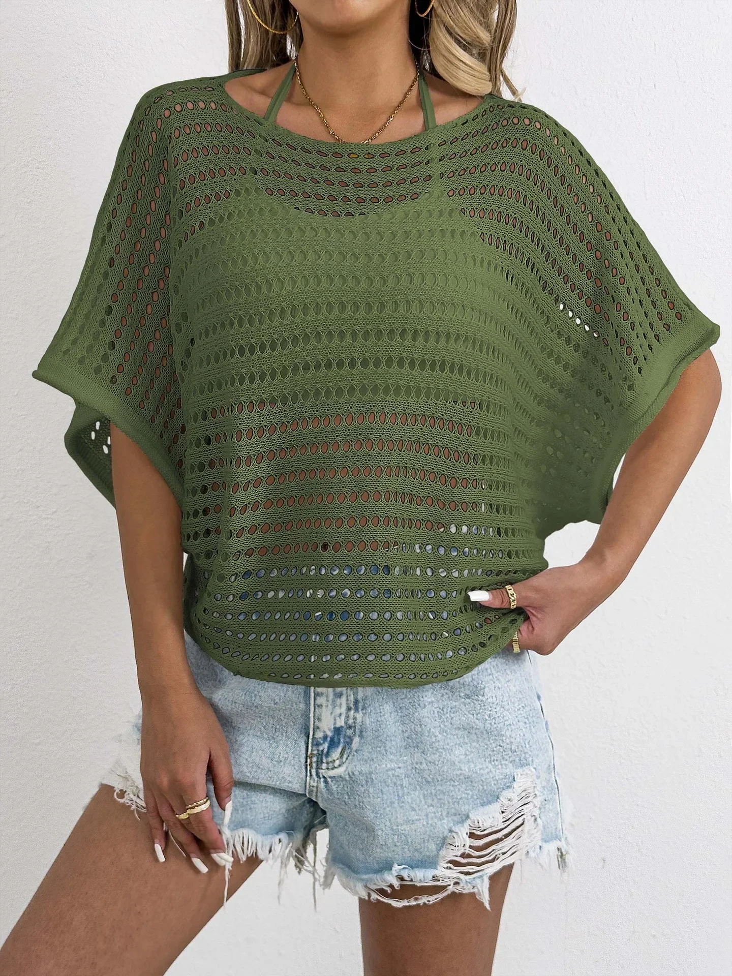 2025, neuer Trend, Strand-Vertuschung für Damen, weiße, ausgehöhlte Oberteile mit kurzen Ärmeln, schwarzes Loch, Oberbekleidung, Pareo, Sommer, lockere Tunika