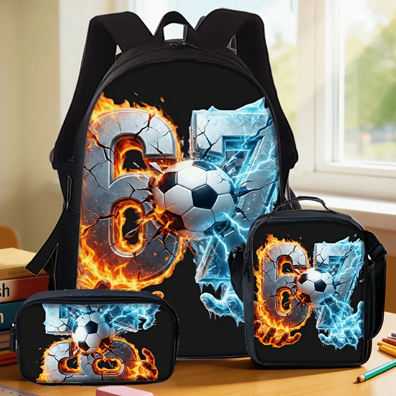3pcs Football Number 67 Pattern Backpack Set Lightweight Large Capacity School Bag Travel Bag with Shoulder Bag Pencil Bags Gift