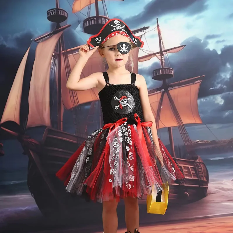 Halloween Children Pirate Role Playing Costume COS Caribbean Pirate Makeup Ball Girls Tutu Dress with Hat Bag