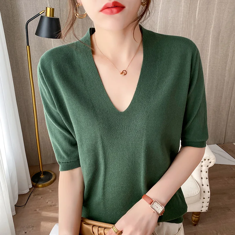 100% cotton thread low V-neck sweater loose plus size five-point short-sleeved summer top T-shirt