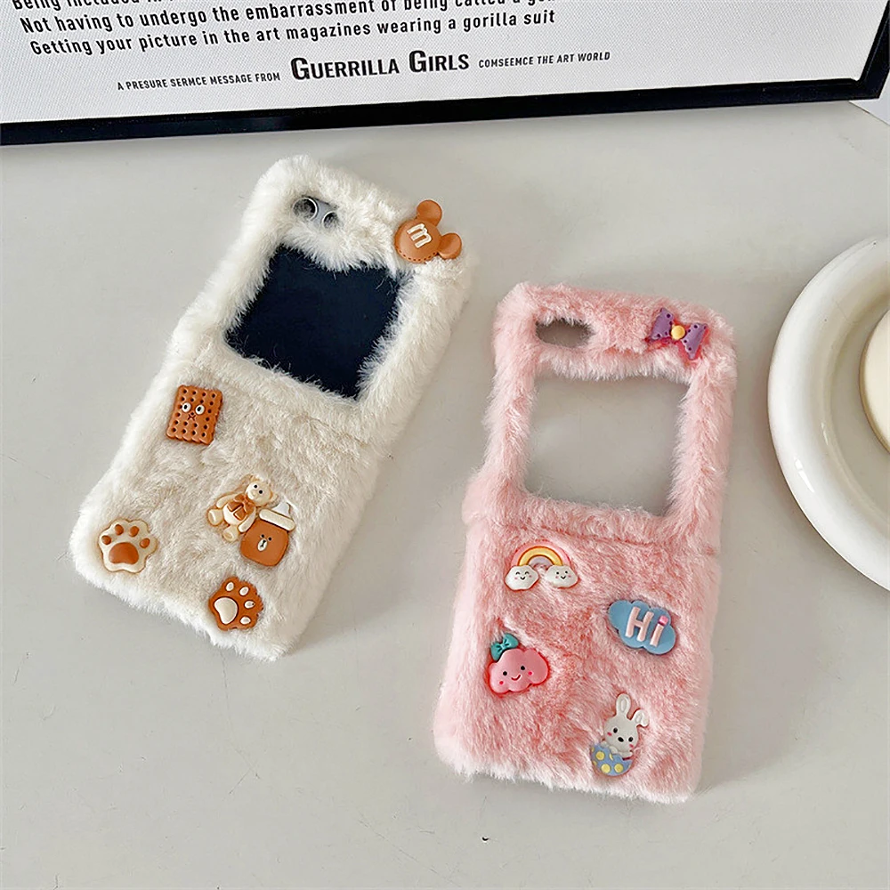 Cute 3D Biscuit Bear Rainbow Rabbit Hairy Phone Case For Samsung Galaxy Z Flip 5 Z Flip 4 Z Flip 3 Winter Warm Plush Back Cover