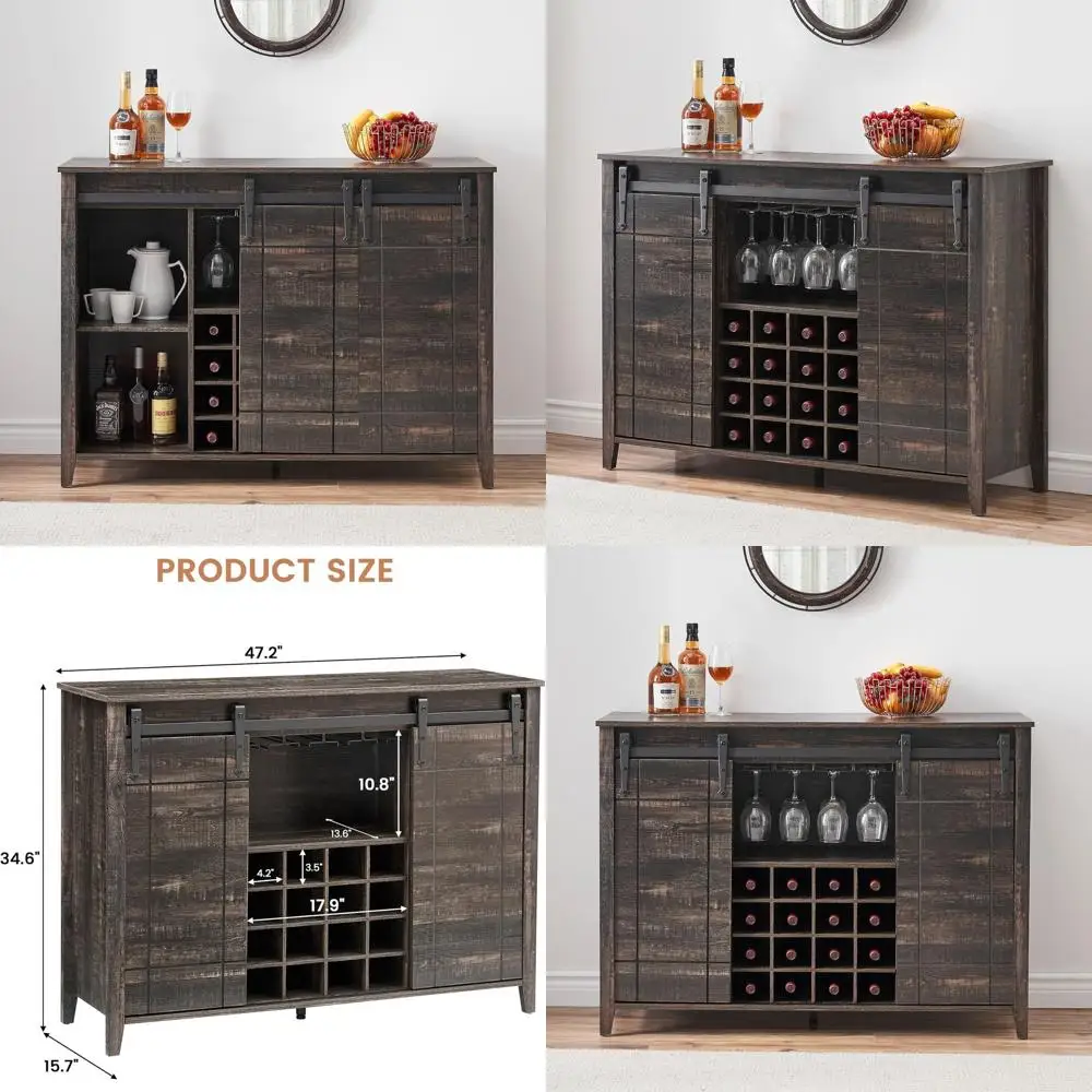 

Rustic Oak 47 Coffee Bar Cabinet with 16 Wine & Glass Rack and Storage Shelves for Dining Room
