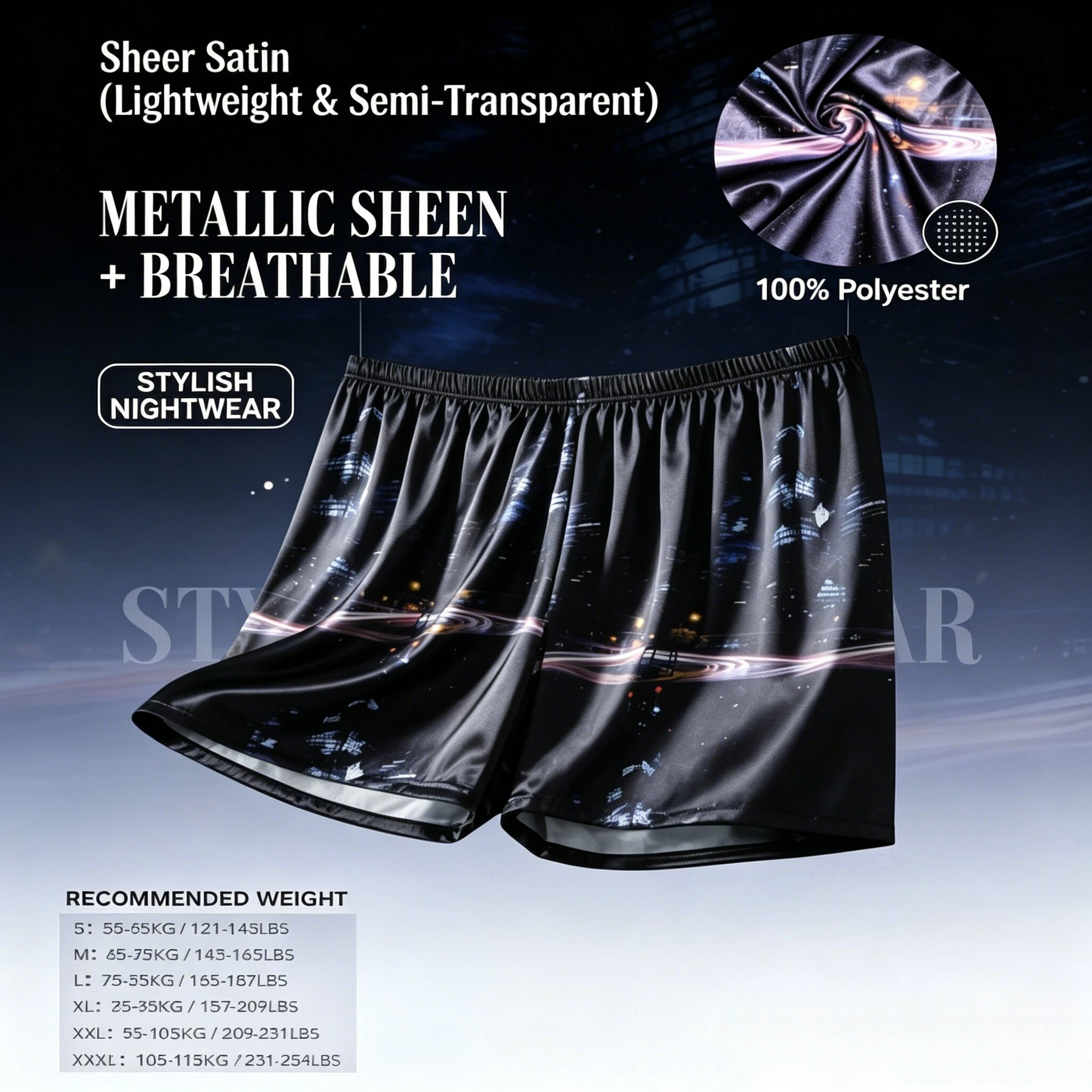 1 Piece Men's City Skyline Night Print Satin Lounge Shorts - Lightweight Breathable Skin Friendly Casual Nightwear Home Shorts
