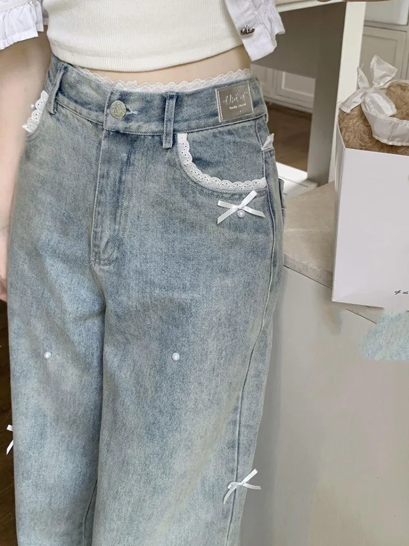 

Sweet Bow Y2k Japanese Preppy Straight Jeans Women High Waist Denim Pants Wide Leg Chic Lace Patchwork Vintage Trousers