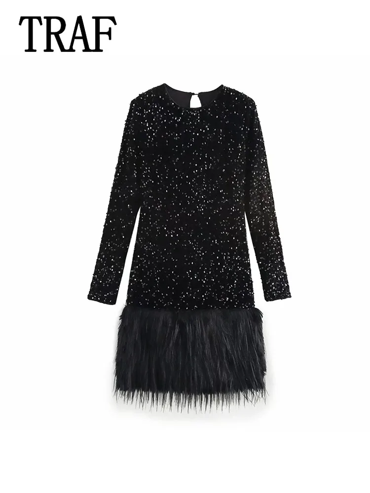 TRAF 2025 Black Faux Fur Long Dresses Women's Elegant Party Mini Dresses for Women Long Sleeve Evening Sequin Sexy Dress