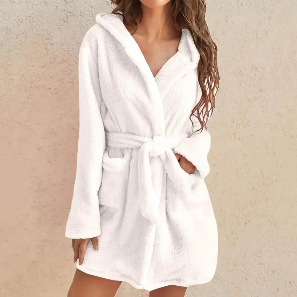 

Plush Women Bathrobe Lace Up Women Winter Sleeping Gown Robes Sleepwear Cardigan Tight Waist Plush Water Absorption Nightgown