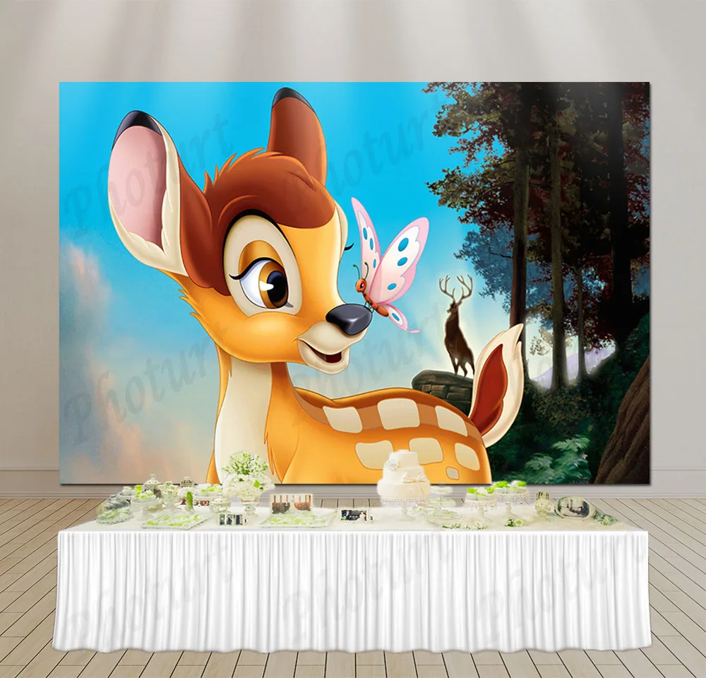 Disney Bambi Deer Backdrop Kids Birthday Baby Shower Background Forest Animals Polyester Vinyl Photography Decoration Props