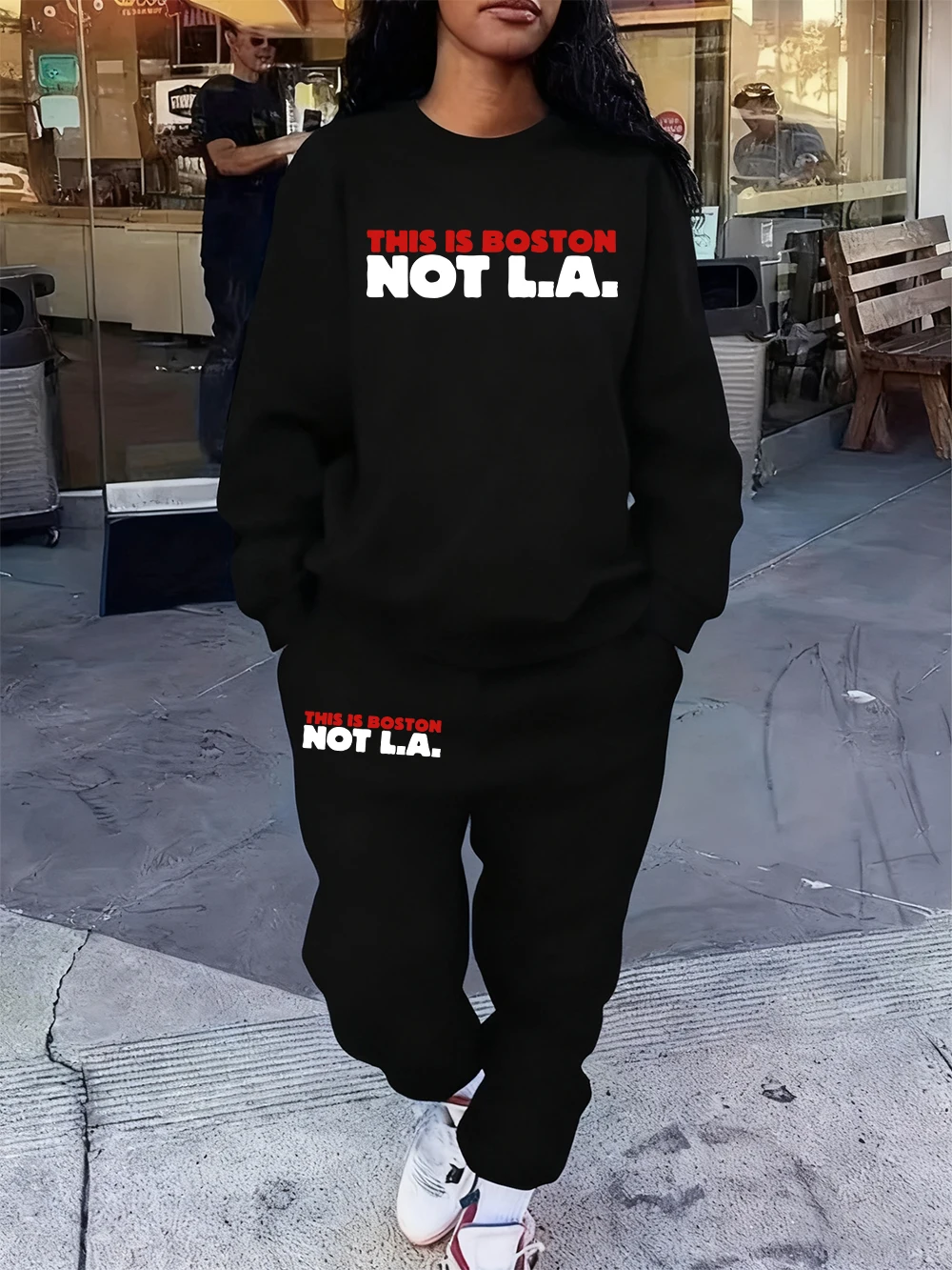 

2 Pcs Hoodie Set Womens This Is Boston Not L.A. Printed Sweatpants Sporty Pocket Loose Jogging Outfits Autumn Fleece Clothes