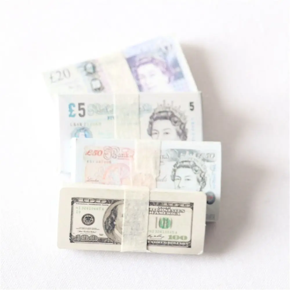 5 Bundles Paper Mini Dollars High Quality 10 Styles Euro British Pound Miniature Play Money 1/12 Dollhouse Decoration