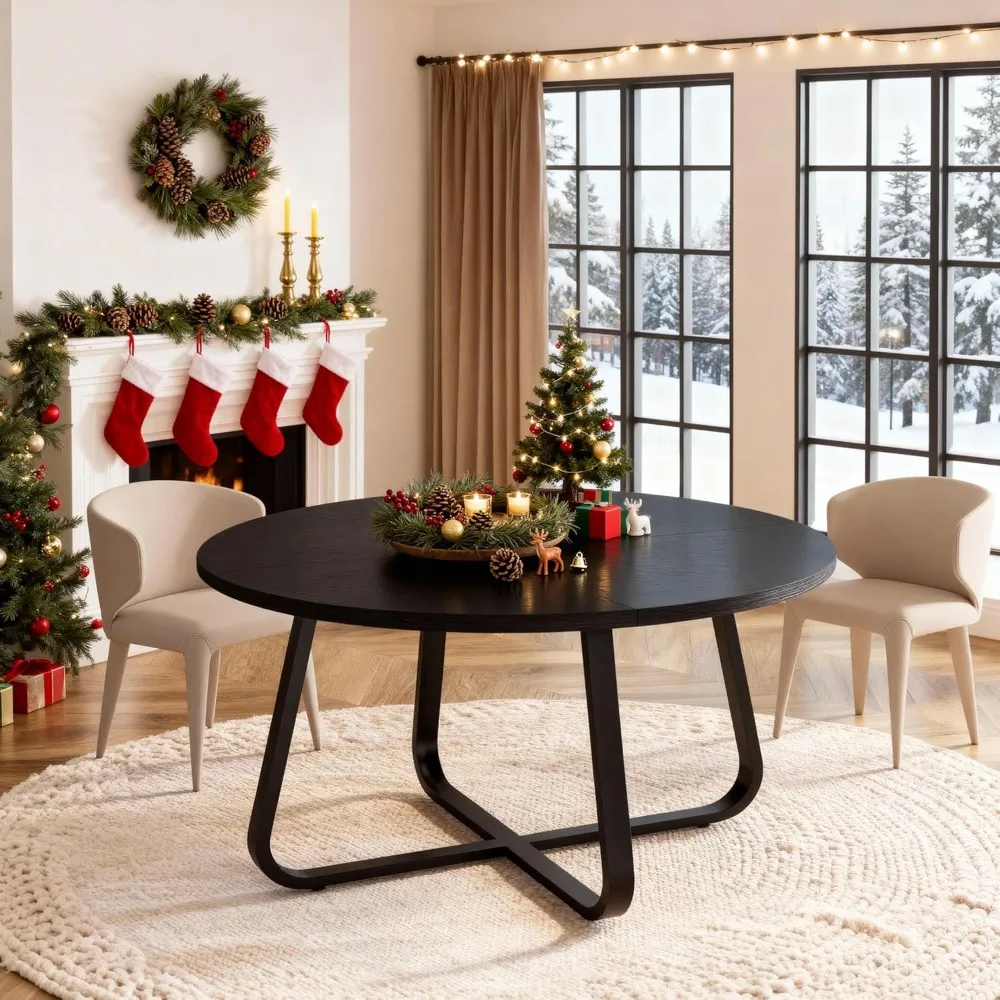 طاولة طعام مستديرة سوداء مقاس 51 بوصة، طاولة مطبخ معدنية خشبية حديثة، غرفة عشاء صناعية صغيرة تتسع لـ 4 إلى 6 أشخاص #3