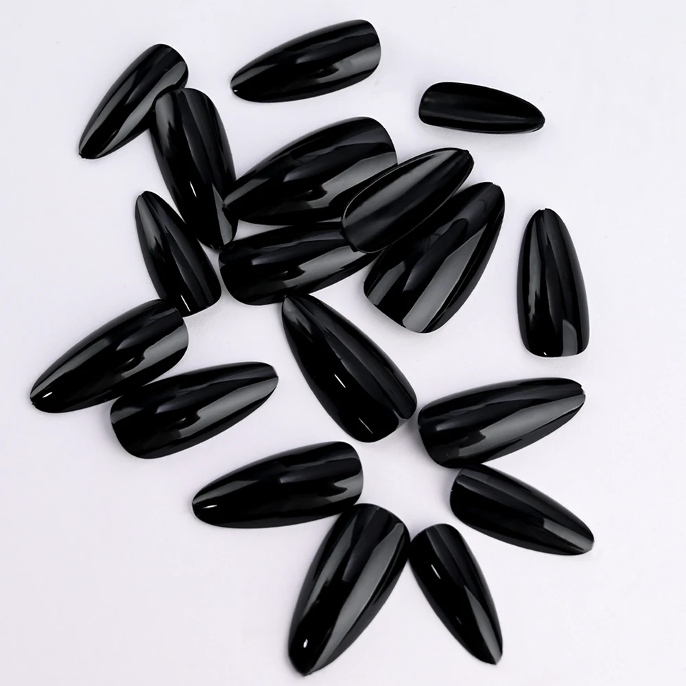 100pcs/Box Black Almond Press On Nails Medium Length Glossy Solid Color Fake Nails Water Drop Shaped Halloween Dark Style Nails*