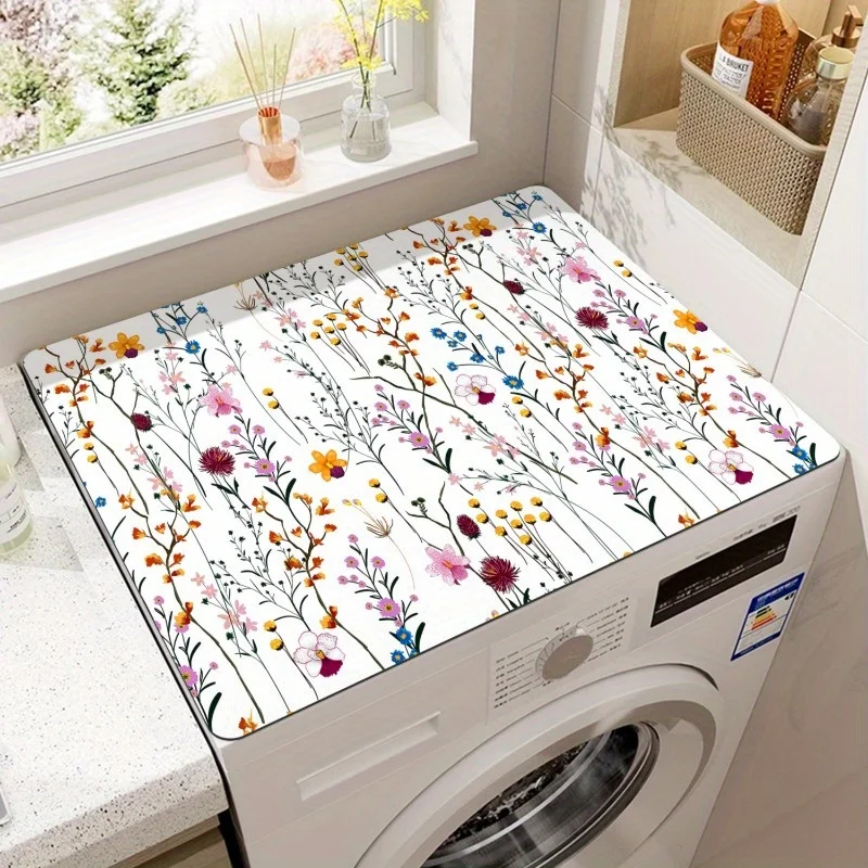 

1PC Decorative Floral Washing Machine Top Cover Mat, Polyester Fabric, Non-Slip & Water Absorbent Washer Dust Protector with Vin