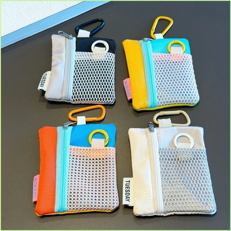 Mini Color Block Mesh Zipper Pouch Multi-Purpose Coin Card Wallet Portable Hanging Organizer for Keys Earphone Small Accessories