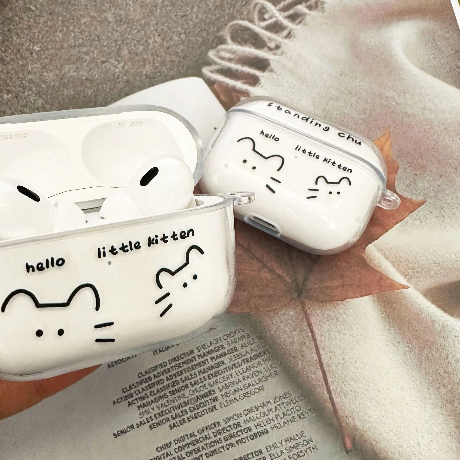 Capa de fone de ouvido de gato de linhas fofas para airpods 1 2 3 4 para airpods pro 2 capa protetora transparente fone de ouvido bluetooth com chaveiro