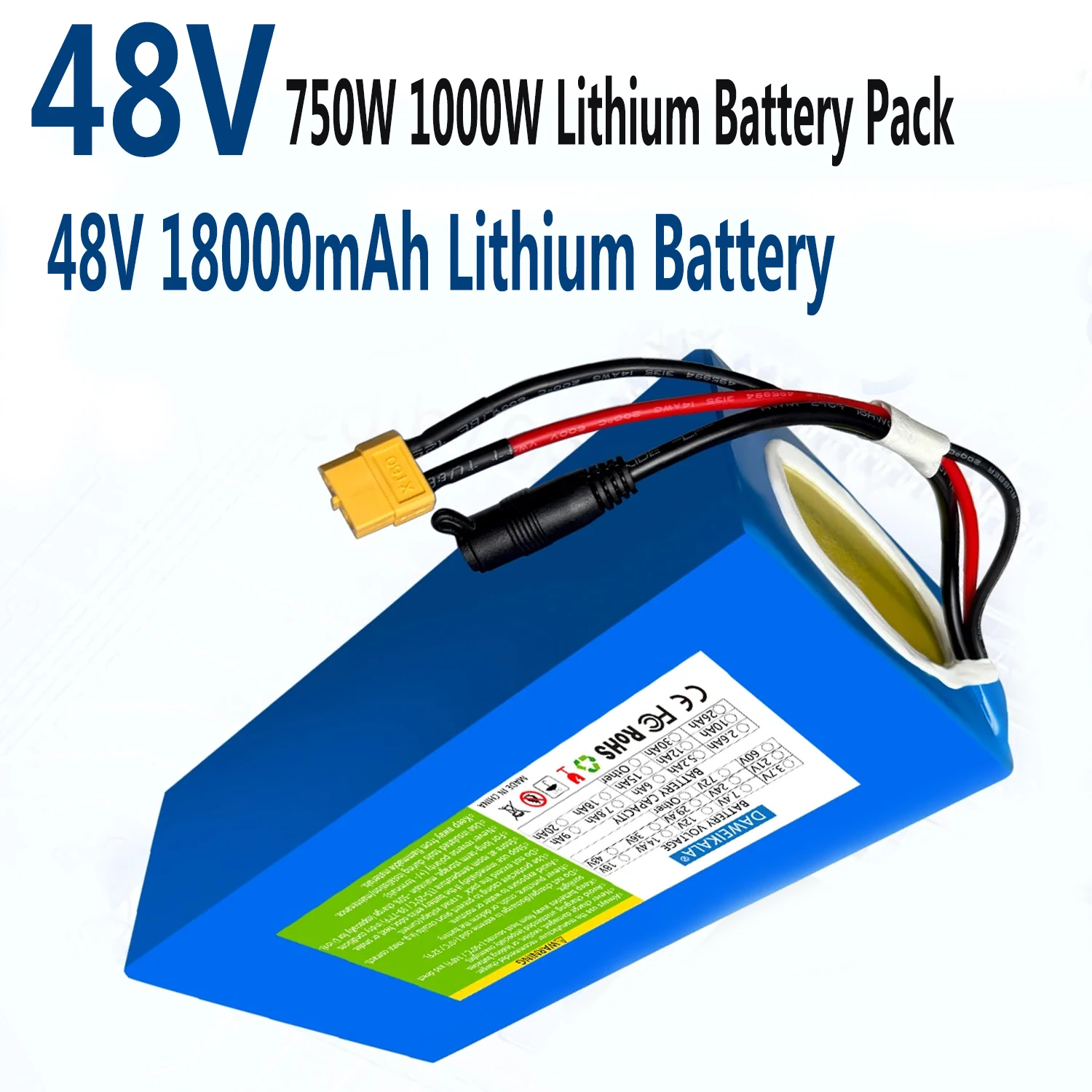 

Equipped with 30A BMS 18V 18000mAh 1000W XT60 48V Lithium-ion rechargeable Battery with 54.6V Charger