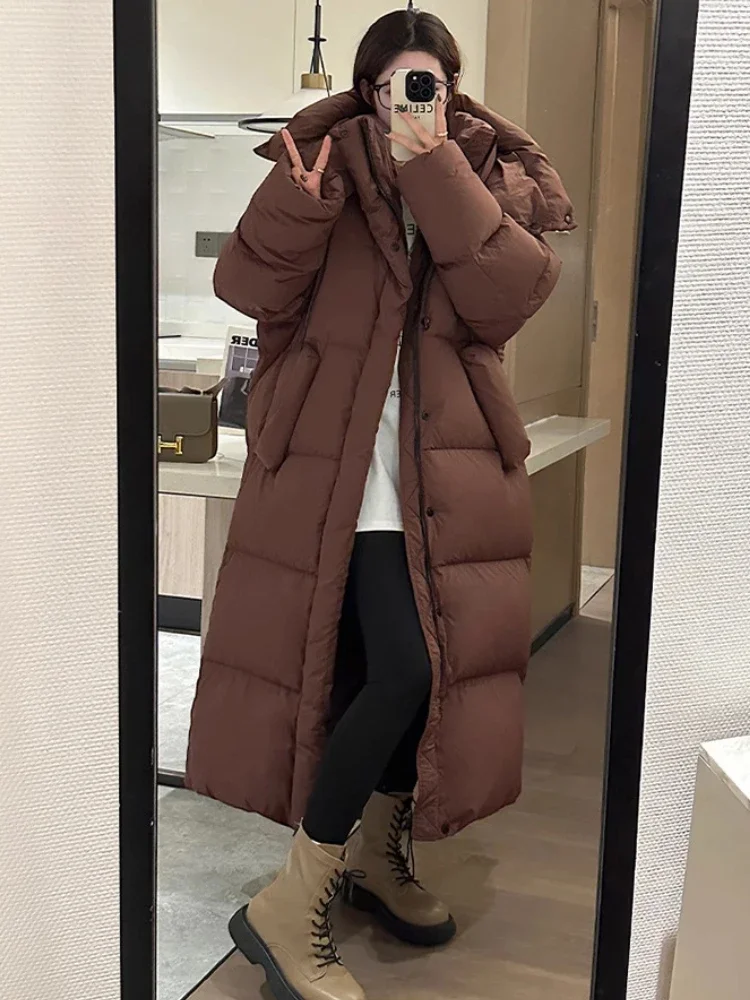 Korean Thickend Down Jacket Winter New Long Loose Oversized Hooded Fashion Casual Warm Big Blanket White Duck Puffer Coat Women