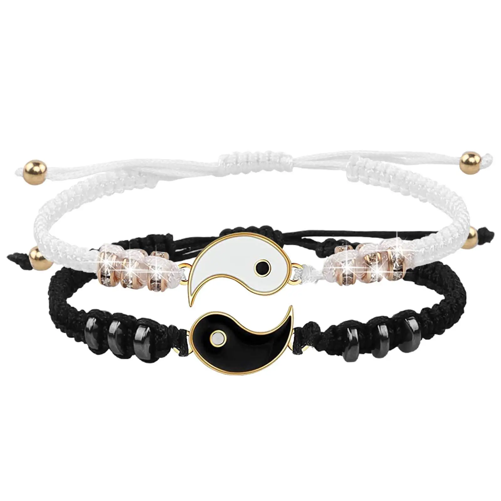 1 Set of 2 Simple Tai Chi Bagua Black and White Yin and Yang Rope Braided Telescopic Adjustment Bracelet for Men and Women Coupl