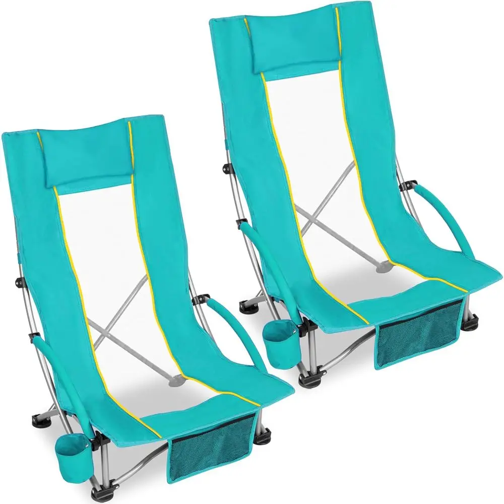 Durable Lightweight Folding Beach Chair with Cup Holder, Storage, and Carrying Case, 300lbs Capacity, Green
