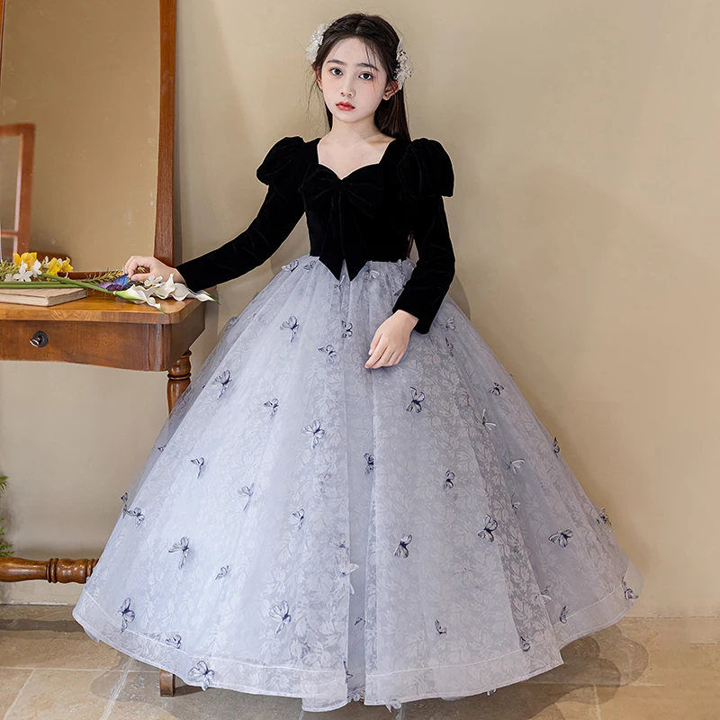 Girls dress velvet long sleeve floor-length birthday dinner princess dress bridesmaid dress three-dimensional butterfly