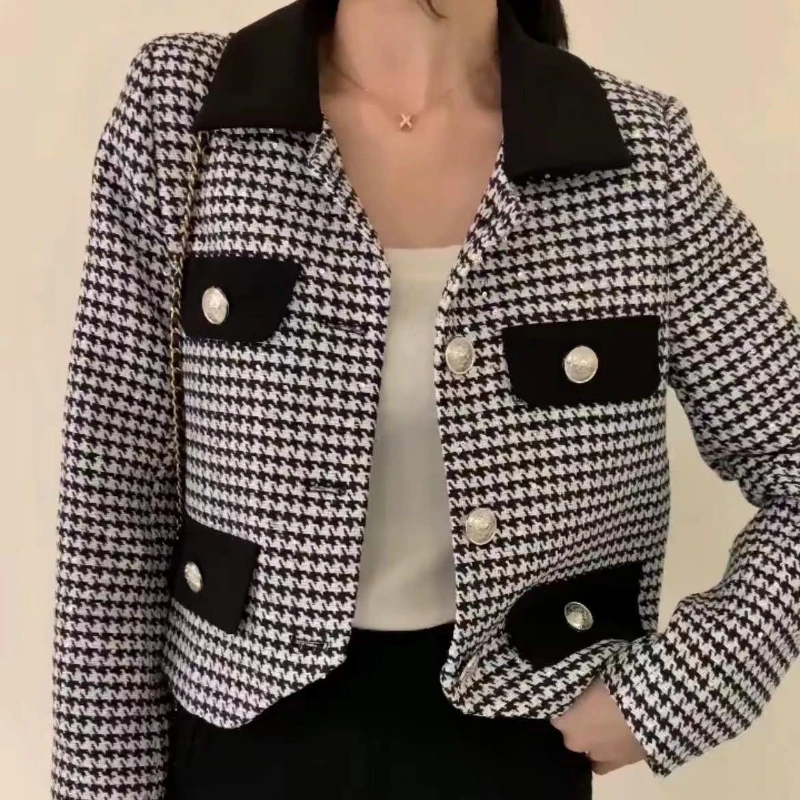 Spring Autumn New Fashion Turn-down Collar Long Sleeve Houndstooth Jackets Women's Clothing Button Korean Sweet Trend Chic Tops