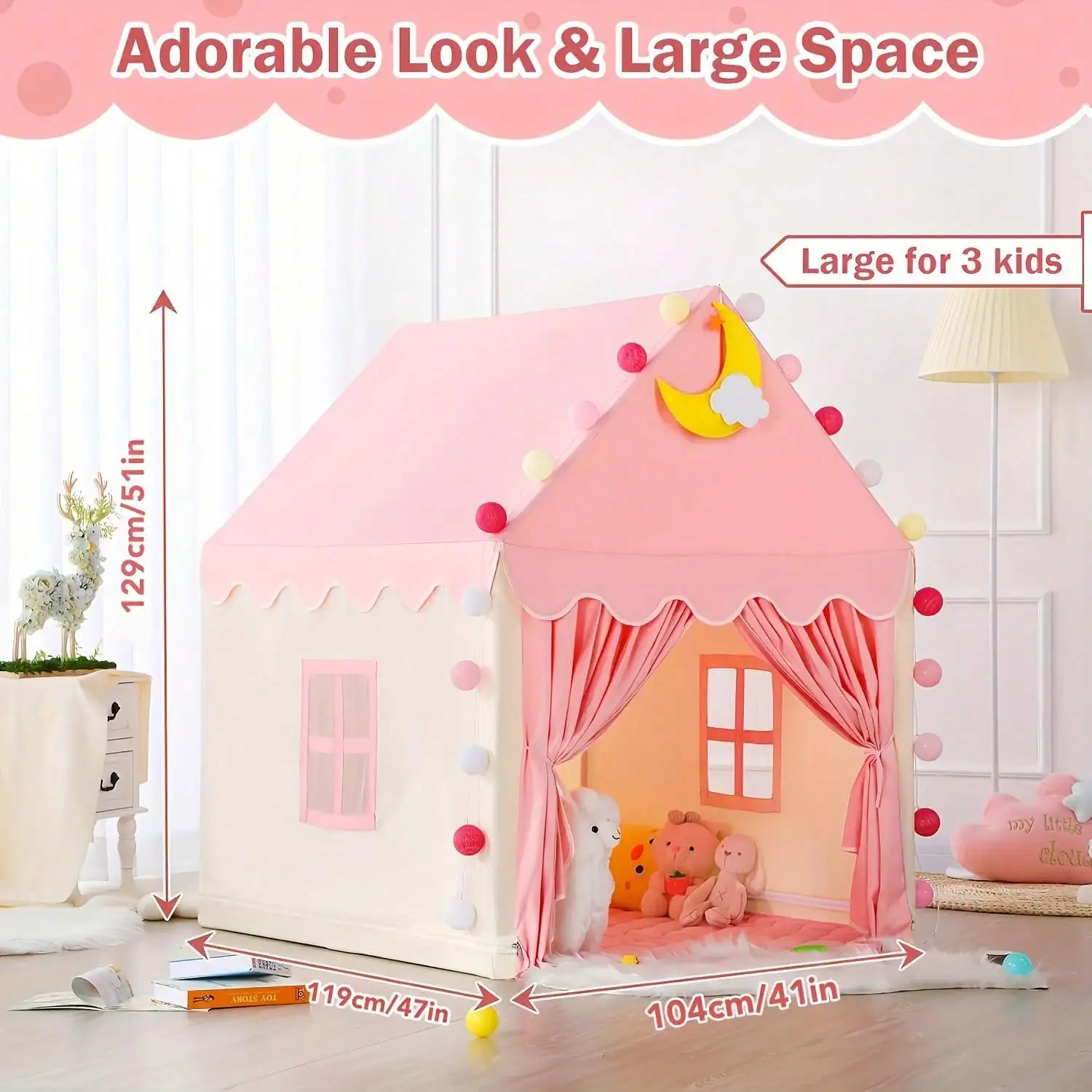 rge Pink Castle Play Tent for Boys Girls, Sturdy Alloy Frame Heavy Duty Foldable Kids Playhouse, Indoor Outdoor Secret Hideout, Role Play House, Birthday Party Decor, Children Play Toy, No Lights Included - view 2