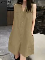 2025 VONDA Women Summer Short Jumpsuits Sexy Sleeveless Rompers Casual Loose Fashion V Neck Pockets Solid Playsuits Overalls - Image 3