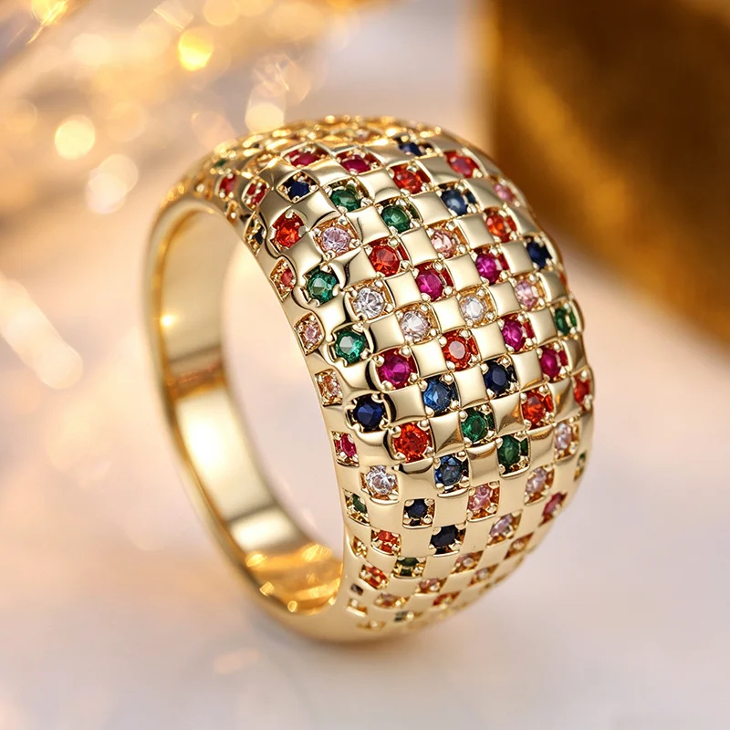 Ladies' Palace Style Wide Ring Featuring Checkered Design Inlay Multi Color Synthetic Zircon Sparkling Ring Gorgeous Jewelry