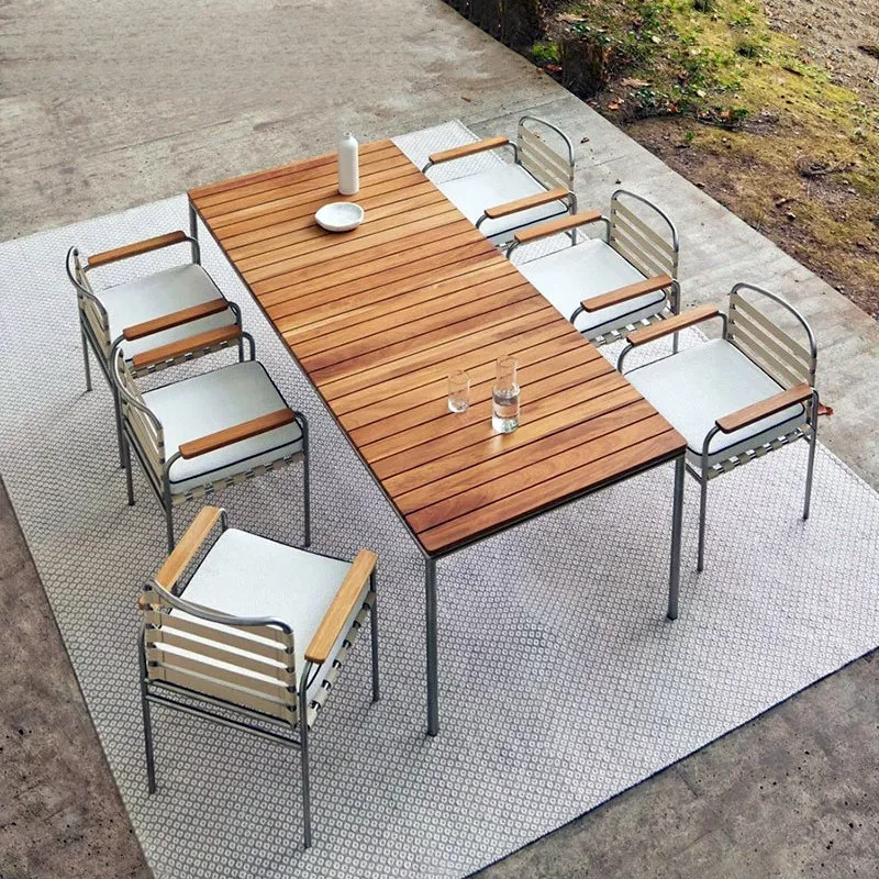 

Outdoor table and chair courtyard waterproof and sunscreen outdoor teak long table rattan chair combination