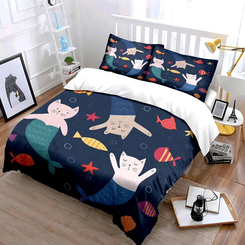 Mermaid cats and sea creatures illustration Print Bedding Set 1 Duvet Cover 2 Pillowcases for Adult and Children Luxury Gift
