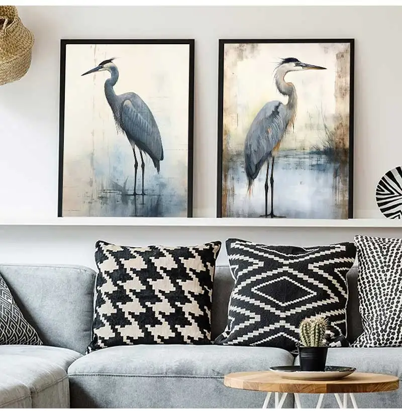 الرجعية الأزرق هيرون المائية نمط الحد الأدنى مارش الطيور الفن الملصقات حائط لوح رسم يطبع صور الساحلية غرفة ديكور المنزل