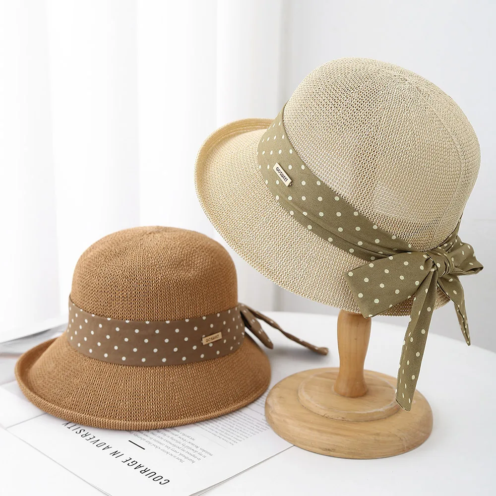 Women's Fashion Curled Sun Hat Sweet Dot Bow Seaside Outdoor Hat Breathable Design For Summer Beach Travel Sunshade 2025 New