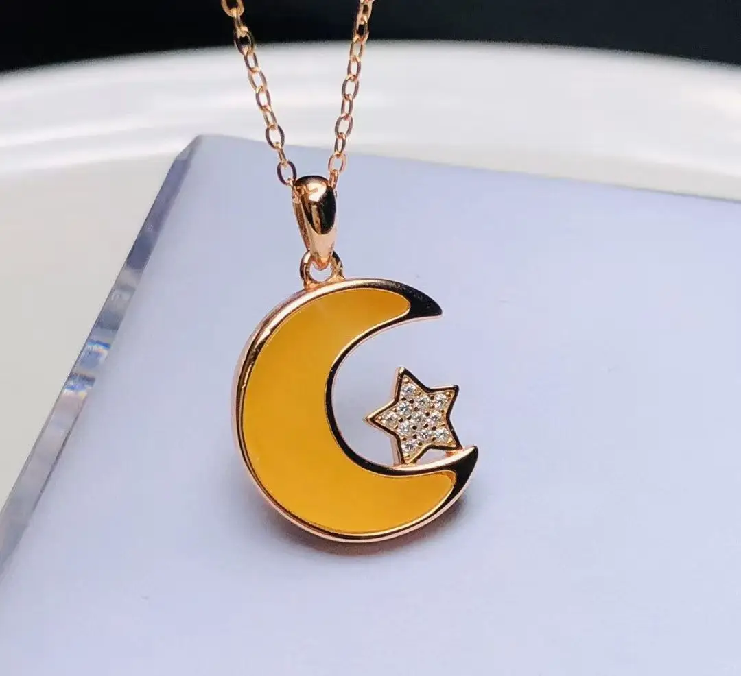 

For Love Valentine's Gift Women's 925 Sterling Silver Moon Pendant Necklace Rose Gold Plated with 14mm Natural Amber