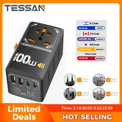 TESSAN 35W/65W/100W GaN Universal Travel Adapter with USB Ports Type C Fast Charging Power Adapter EU/UK/USA/AUS Plug for Travel