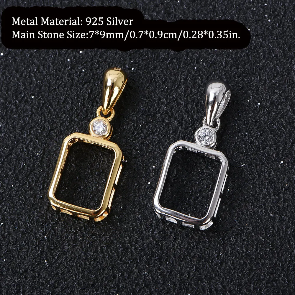 7x9mm Emerald Cut Stone Pendant Setting, 925 Sterling Silver Bezel Style Blank Mount for DIY Handmade Jewelry