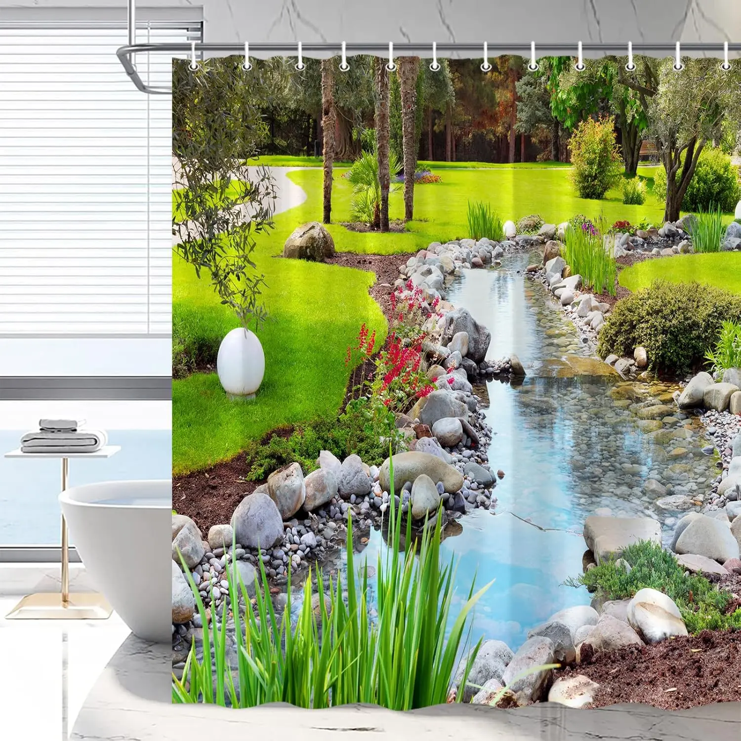 

Garden Shower Curtain Green Plants Landscape Bathroom Curtains Spring Colorful Flowers Nature Scenery Rustic Floral Stream
