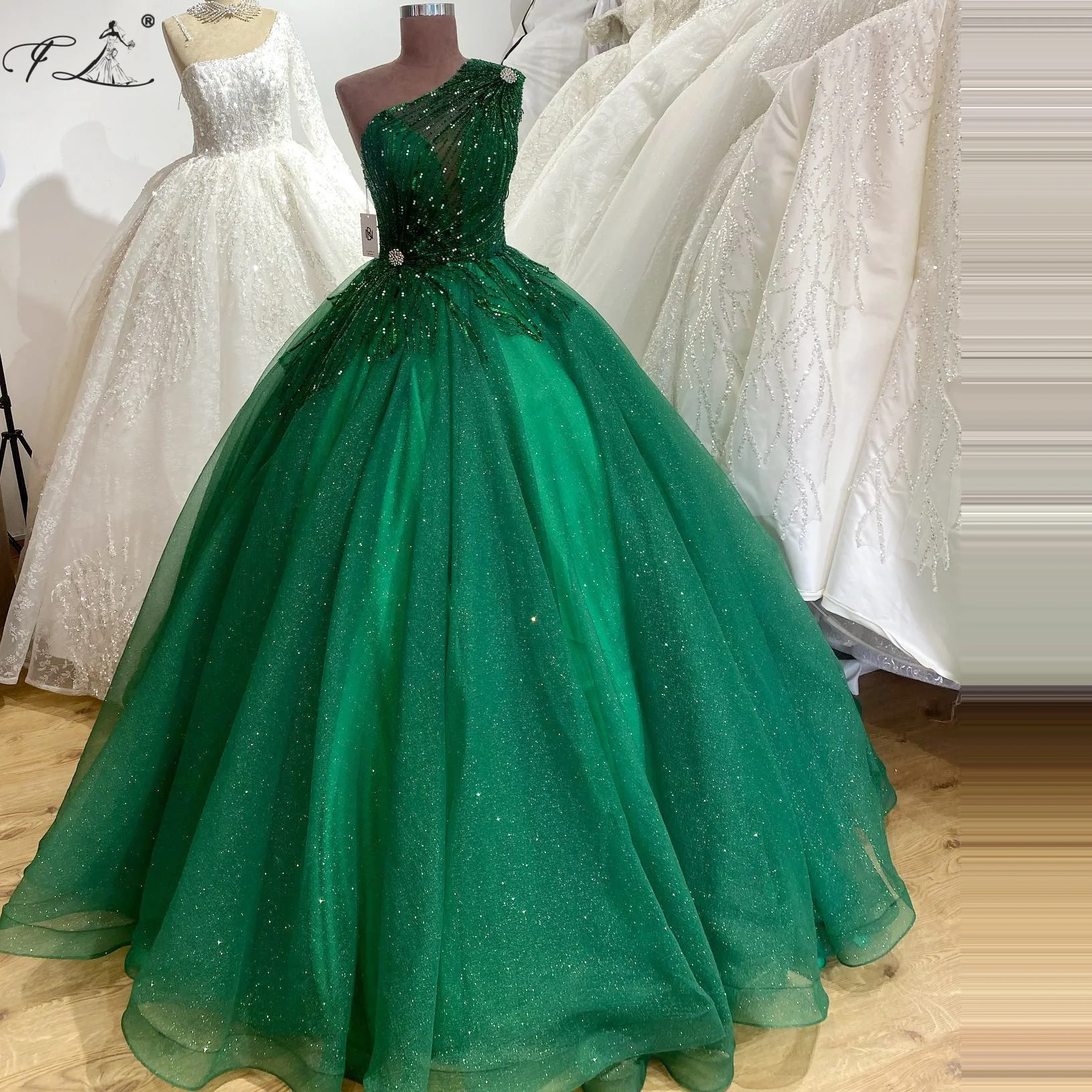 Dark Green Ball Gown Simple Sequin Tulle Dress Rhinestone Embellished Party Dress Grand Evening Gown Wedding Dress Customizable