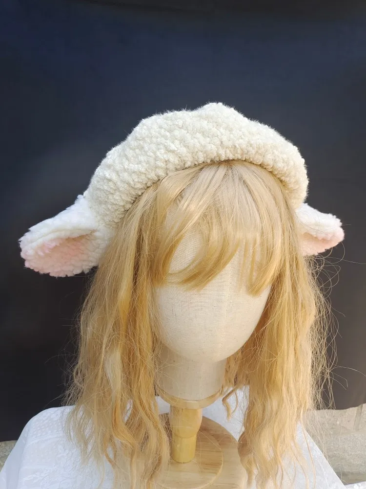 Original Handmade Cute Lolita Lolita Autumn and Winter Lamb Ears Beret Milk White Hat