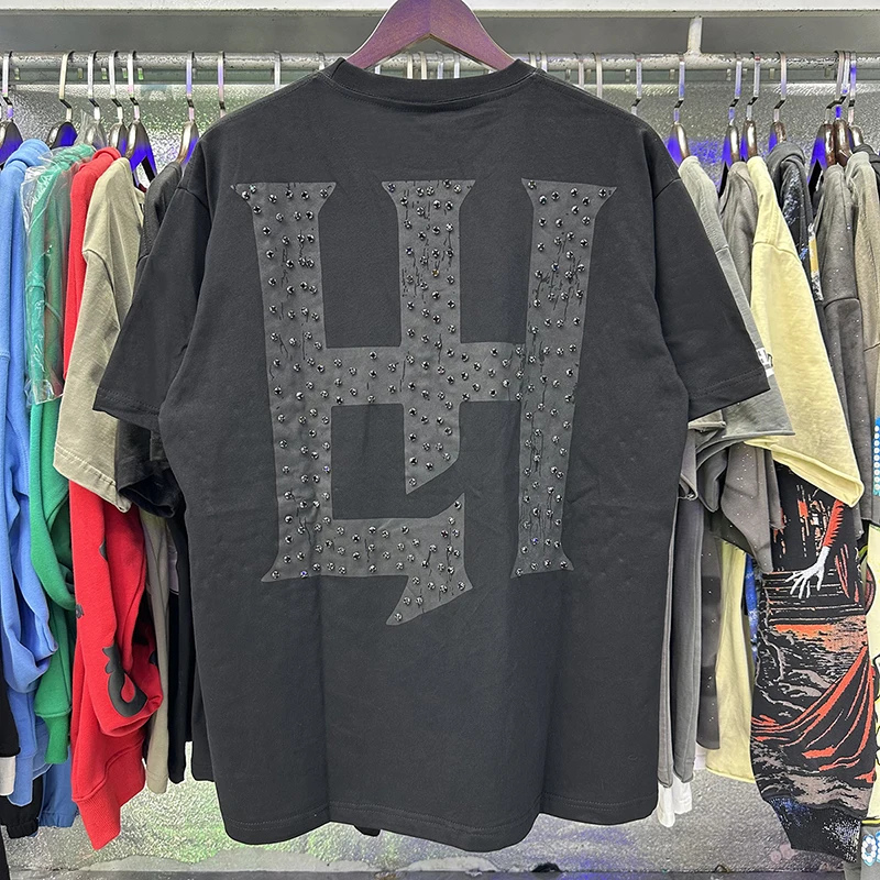 LIFE HUSTLERS Rhinestone Studded T Shirt Men Punk Gothic Loose Y2K Hip Hop Black Cotton Loose Short Sleeve Top