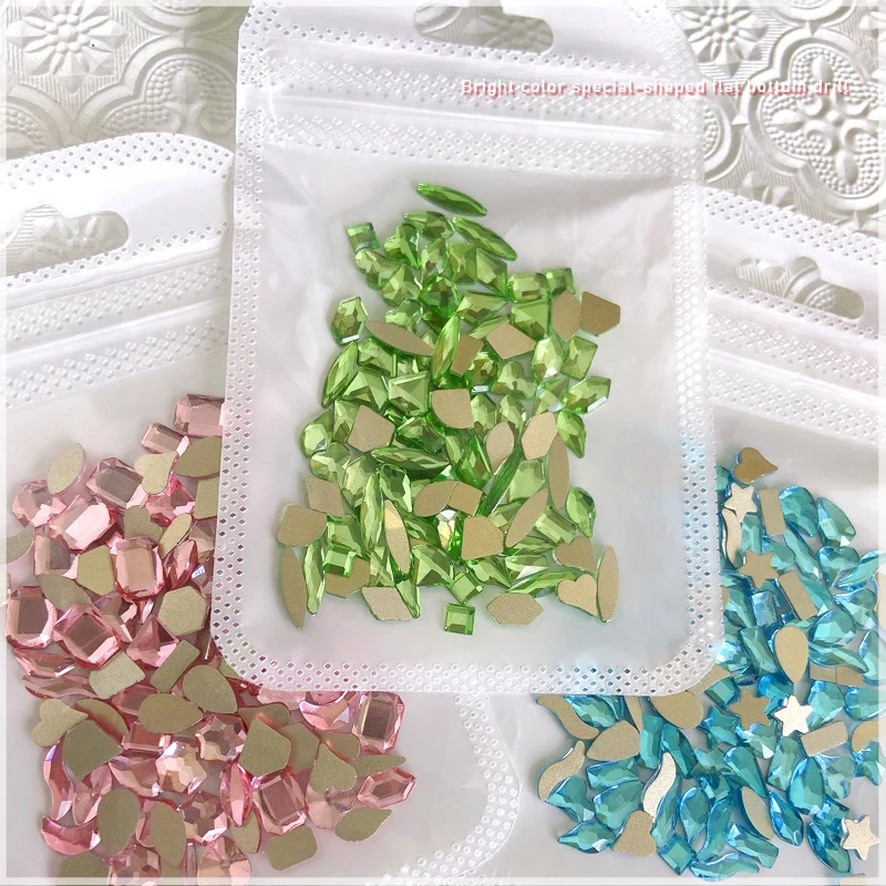 100Pcs Mix Shaped Shiny Crystal Nail Art Rhinestones Zomer Groen Blauw Roze 3D Plaksteen Glas Diamanten Nail Sieraden Accessoires