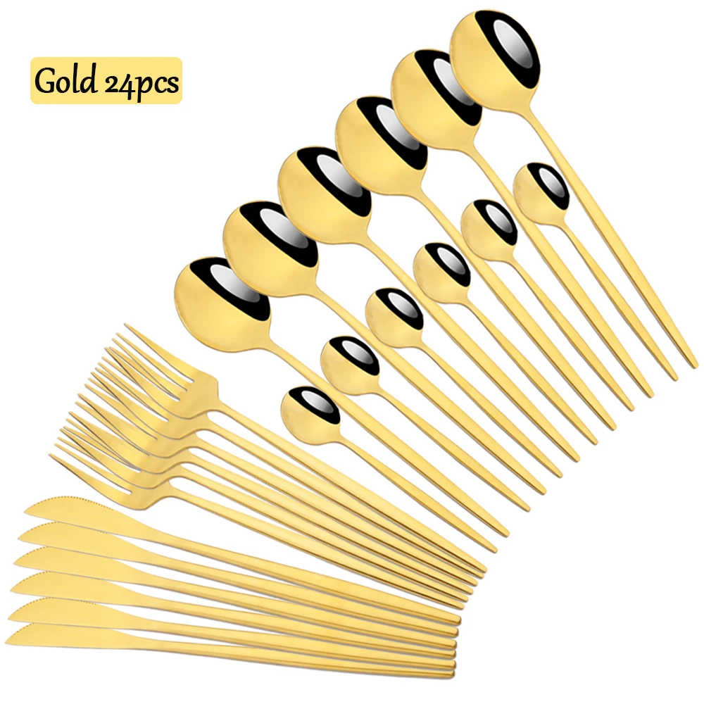 

24 Pcs Cutlery Set Dinnerware Gold Stainless Steel Flatware Mirror Dining Set Knives Forks Spoons Kitchen Cutlery Set Tableware