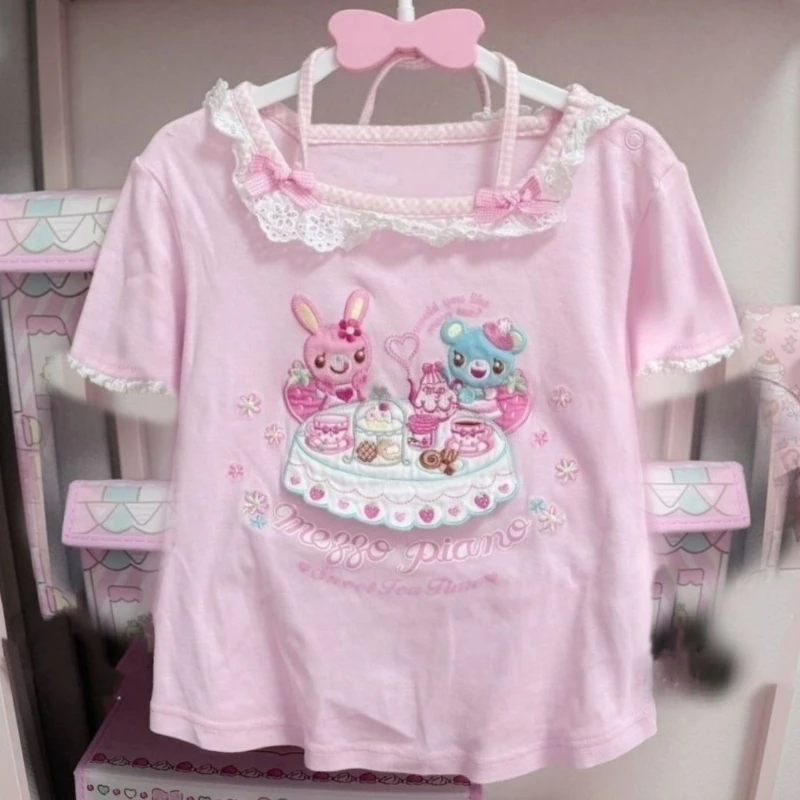 

Japanese Kawaii Cute Lolita T-Shirts Sweet Girl Cartoon Bunny Bear Print Top Women Y2k Aesthetics Lace Neck Bow Halter Tied Tees