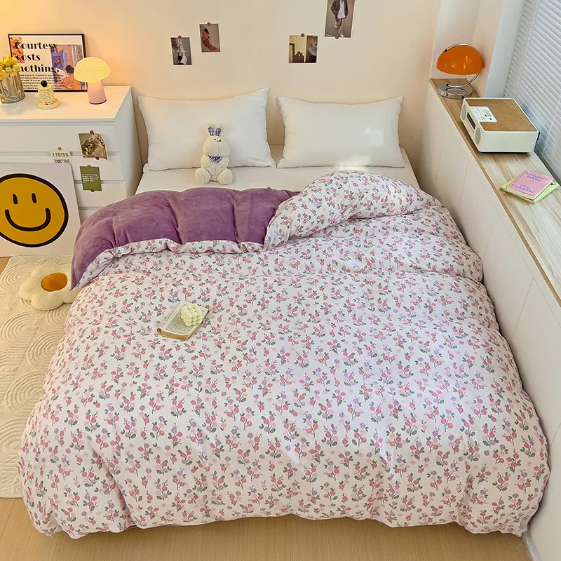 Purple Floral Cotton Duvet Cover Milk Velvet Thickened Comforter Covers, Reversible Floral Duvet Cover with Zip Closure Bedding