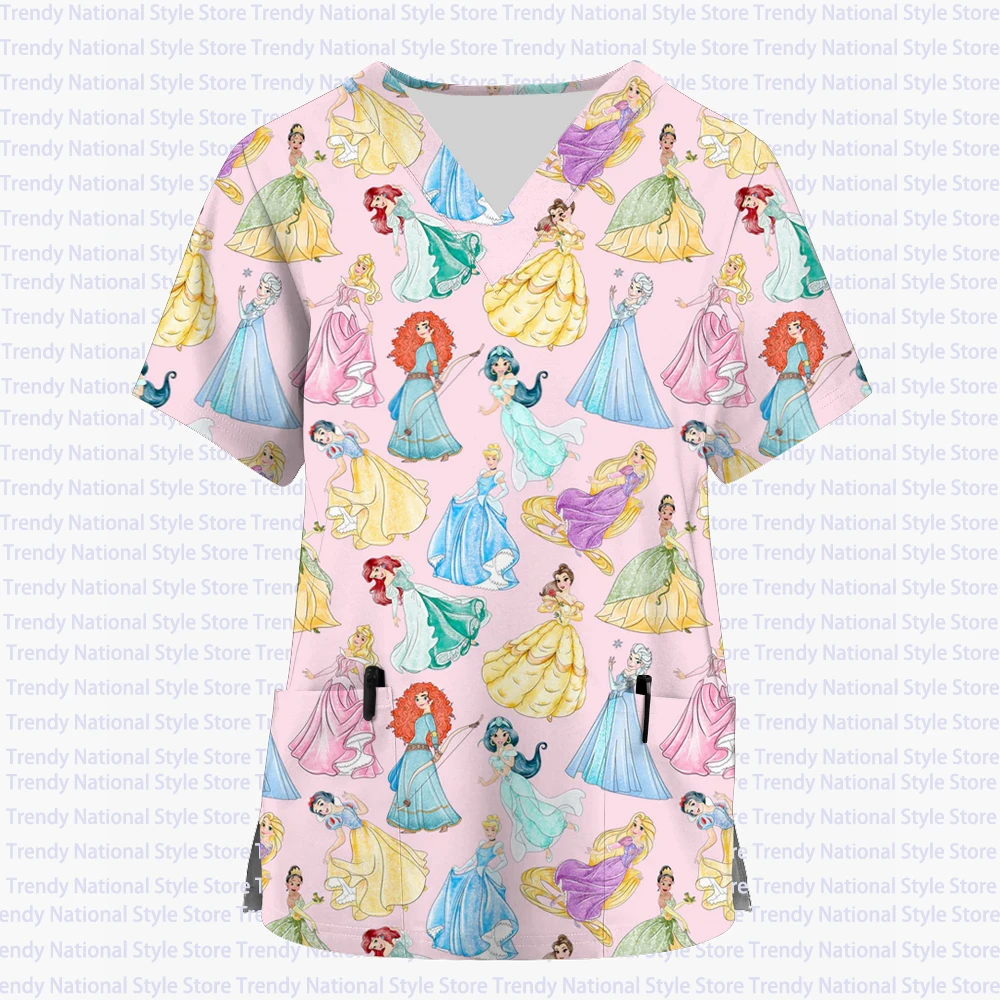 Summer New Women's Uniform Disney Princess V-neck Short-sleeved Frosted Top Printed Nurse Dental Beauty Salon Women's T-shirt