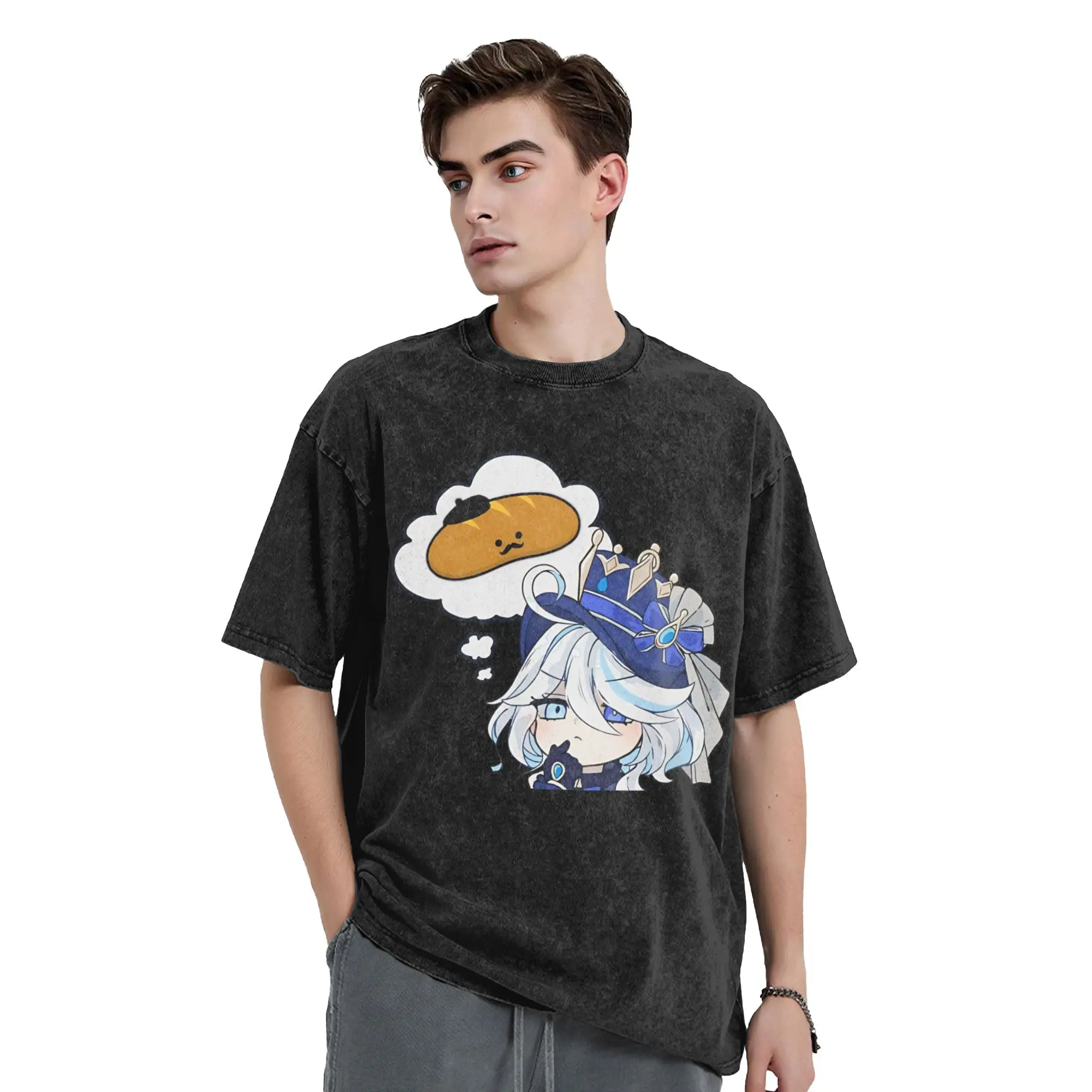Genshin Impact Chibi Furina T Shirt Hip Hop Washed Cotton Oversize T-Shirts  Vintage for Men Women Streetwear Summer Tops Tees