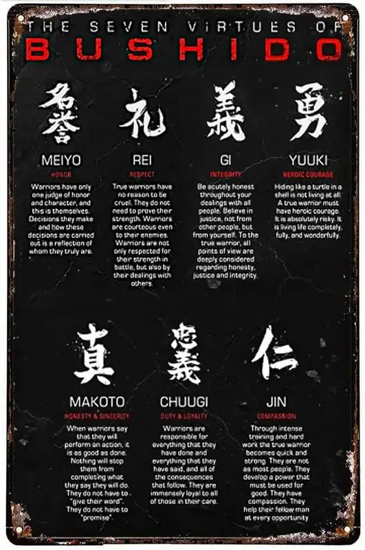 Les sept vertus officielles du Bushido : droitierisme, courage, bonté, respect, honnêté et loyauté, décoration murale vintage pour bar ou maison